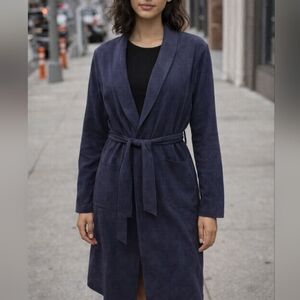 Rebecca King Navy Faux Suede Duster Coat Belted Open Front Drapey Longline Chic